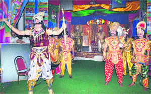 Artistes participate in a Ram Leela at Sodal Road Park in Jalandhar on Wednesday night.
