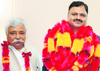 NC member Javed Ahmad Rana (right) after being elected as the Deputy Chairman of the Legislative Council in Srinagar on Thursday. Tribune photo: Amin War