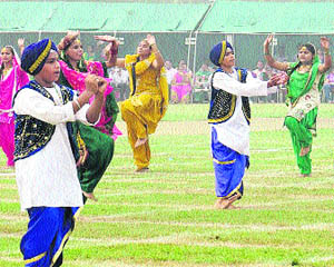 Students perform during the 21st Sports Day celebrations of the Army Public School in Jalandhar on Friday.