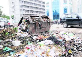 A garbage dump at newly built Bebe Nanki Mother and Child Health Care Centre in Guru Nanak Dev Hospital in Amritsar on Saturday.