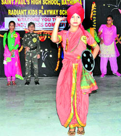 Students of St Pauls High School during a fancy dress competition in Bathinda on Saturday.  
