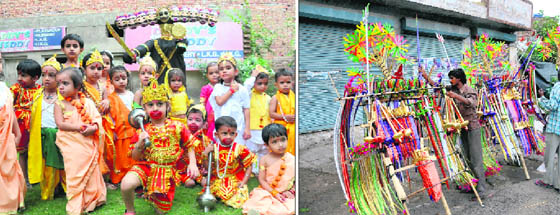 Dasehra fervour grips city: Students of Daddys Teddy celebrate Dasehra on their school campus in Bathinda; (right) a vendor sells toys related to the festival by the roadside in the city on Saturday.