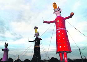 Effigies of Ravana, Meghnad and Kumbhakarna installed at Sector 43 in Chandigarh on Saturday