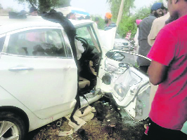 A badly damaged Verna car that collided with another vehicle near Talwandi Bhai in Ferozepur on Saturday.