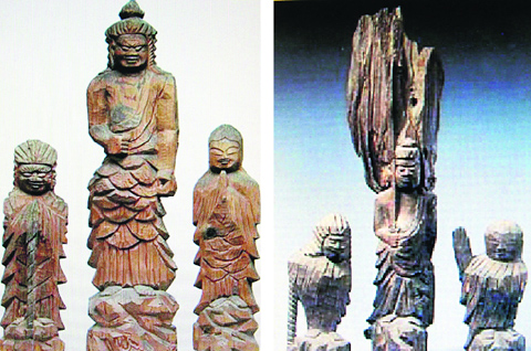 The Buddha with attendant figures. Carved wood, From the Senkoji temple; and the Buddha with devotees. Carved wood; from the Seiryuji temple. By Enku; Japan, late 17th century