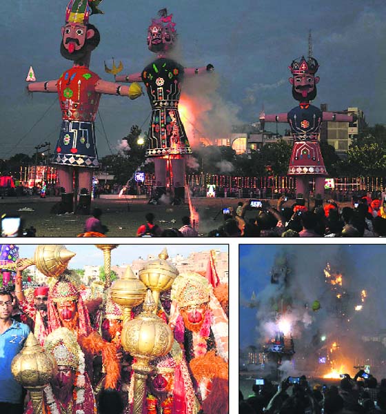 VICTORY OF GOOD OVER EVIL: (Clockwise from top left) Effigies of Raavan, Kumbhkaran and Meghnad about to be set on fire during the Dasehra celebrations in Amritsar on Sunday; an effigy of Raavan burns showing the victory of good over evil; and children dressed up as Lord Hanuman at the Dasehra ground