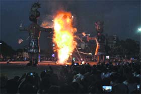Effigies of Ravana, Kumbhakarn and Meghnada being burnt during Dasehra celebrations at the Dasehra Ground in Amritsar on Sunday