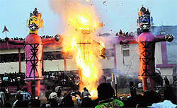 The effigies of demon king Ravana, Kumbhakaran and Meghnad set on fire at the MSD School ground in Bathinda on Sunday evening to mark the Vijayadashmi celebrations