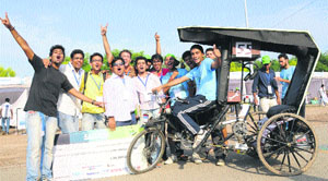 Members of Arjuna, the winning team, with their vehicle at Panjab University in Chandigarh on Sunday.