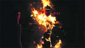 Effigies of Ravana, Meghnath and Kumbhkaran being burnt at the Jakhoo temple in Shimla on Sunday on the occssion of Dasehra.