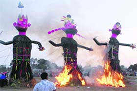 Effigies of Ravana, Kumbhakarna and Meghnad being burnt in Jagraon