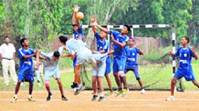 Players vie for the ball during a match of the 59th Punjab State Inter District School Games on the PAU campus, Ludhiana, on Sunday