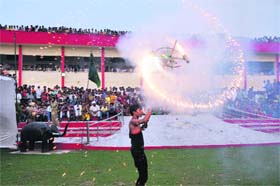 Fireworks set ablaze at MSD School grounds during Dasehra celebrations in Bathinda on Sunday.