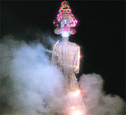 The 200-foot effigy of Ravana goes up in flames in Barara. 