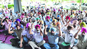 Employees of Punjab Agricultural University hold a protest outside the Vice-Chancellor's office in Ludhiana on Monday.