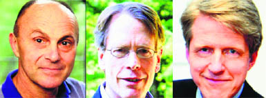 (From left) Eugene Fama, Lars Peter Hansen and Robert Shiller have won the prize for improving the forecasting of asset prices in stock markets.