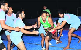 A match in progress during the Inter-College Kabaddi Championship for Men at Panjab University in Chandigarh on Tuesday.