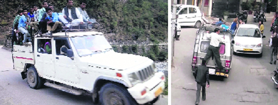 A taxi overloaded with commuters on the Aglar-Thatyur-Mussoorie road; (right) A commuter hangs to an overloaded vehicle in Mussoorie. Tribune photos 