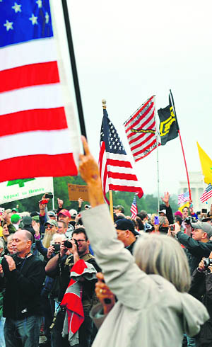 Protesters wave flags, seeking an end to the shutdown. 