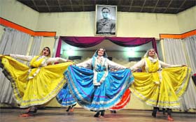 Students perform folk dance during the Display your Talent event at the University of Jammu on Tuesday.