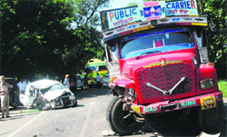 A damaged car and truck that collided head-on near Katani Kalan on Tuesday. a tribune photograph