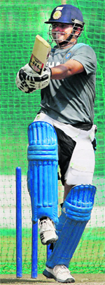 Suresh Raina, dismissed by a short ball in the first ODI, practises facing it in Jaipur.  PTI