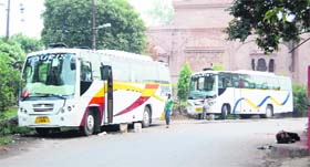 Tourist buses parked on a busy city road in Amritsar on Wednesday.