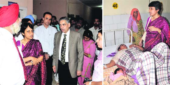 BFUHS vice-chancellor Dr SS Gill, Principal Secretary, Health, Vini Mahajan, state health adviser Dr KK Talwar in a conversation at the de-addiction centre at the Civil Hospital; and (right) Mahajan talks to patients at the maternity ward of the women and children hospital in Bathinda on Wednesday.