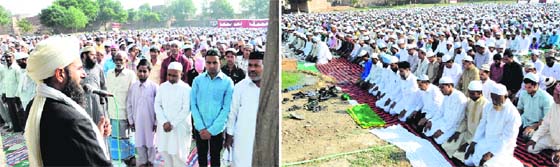 Imam Mohammed Ramzan Nami greets people on the occasion of Bakrid at Eid-ul-Zuha in Bathinda on Wednesday; (right) people offer namaaz at the Eidgah in Bathinda.