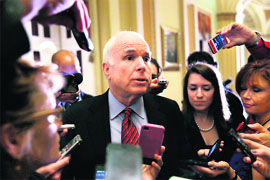 Senator John McCain speaks to the media in Washington, DC, on Wednesday. 