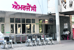 Wheelchairs at the exit of the Emergency at GMSH-16 in Chandigarh. Tribune photo: Pradeep Tewari 