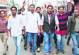 ABVP workers take part in the Vivekanand Sandesh Yatra in Mussoorie on Wednesday.