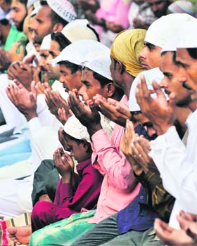 Members of the Muslim community offers prayers on the occasion of Eid-ul-Zuha in Karnal on Wednesday