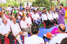 MP Anurag Thakur addresses a public meeting at Patta in Hamirpur on Wednesday
