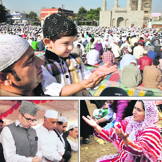 (Clockwise from top) A man offers prayers with his child in Jammu; a woman in prayer at the Polo Ground in Srinagar and CM Omar Abdullah at Hazratbal on Wednesday