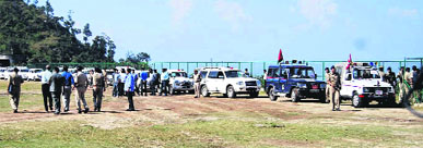 A mock drill exercise under way at Polo Ground, Mussoorie, ahead of President Pranab Mukherjees visit to the town on Friday.