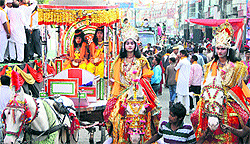 A shobha yatra being taken out on the occasion of Valmiki Jayanti in Jalandhar on Thursday