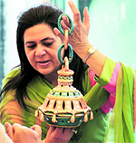A woman checks an article for Karwa Chauth at a shop in Ludhiana