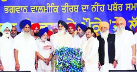 Chief Minister Parkash Singh Badal (centre), Kamal Sharma (third from right) and Cabinet Ministers lay the foundation stone of the Valmiki Temple at Ram Tirath in Amritsar on Friday