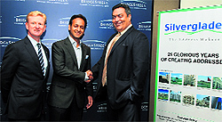 Sean Worker, BridgeStreet-CEO (extreme left), Anubhav Jain, Director of Silverglades (centre) and T.J Barring, President of JNB at the signing of a tri-partite agreement in New Delhi