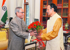 Former Chief Minister Maj-Gen. B.C. Khanduri (retd) meets President Pranab Mukherjee at Rashtrapati Bhawan in New Delhi on Saturday.