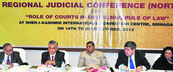 Judges of the Jammu and Kashmir High Court during the second day of the North Zone Regional Judicial Conference at the Sher-i-Kashmir International Conference Centre in Srinagar on Saturday. 