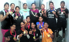 Members of the Ludhiana KCW team, which won the Panjab University Inter-College Volleyball Championship held in Chandigarh. A Tribune photograph 