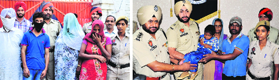 The accused in police custody; and (right) Paramjit Singh Pannu, Additional Deputy Commissioner of Police, hands over the rescued child to his parents. Photos: Inderjeet Verma