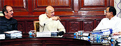 Union Health Minister Ghulam Nabi Azad, Union Home Minister Sushilkumar Shinde and Finance Minister P Chidambaram during a meeting in New Delhi on Saturday