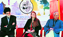 Writers diplomat Navtej Sarna, Gillian Wright and Rajmohan Gandhi during a session of the literature fest in Kasauli on Saturday