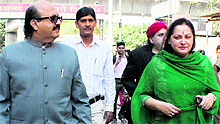 Rajya Sabha MP Amar Singh with Jaya Prada before appearing in a Delhi court on Saturday