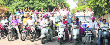 The protesting teachers wanted to create awareness regarding their long-pending demands in Bathinda on Sunday. A Tribune photograph