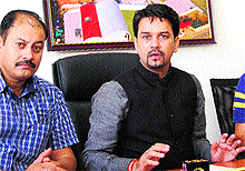 HPCA president Anurag Thakur addresses a press conference in Dharamsala on Sunday