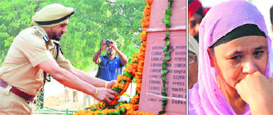 (Left) IG (Bathinda Zone) Nirmal Singh Dhillon lays a wreath at the martyrs memorial in Bathinda on Monday; the kin of a martyr at the function held in Police Lines. 